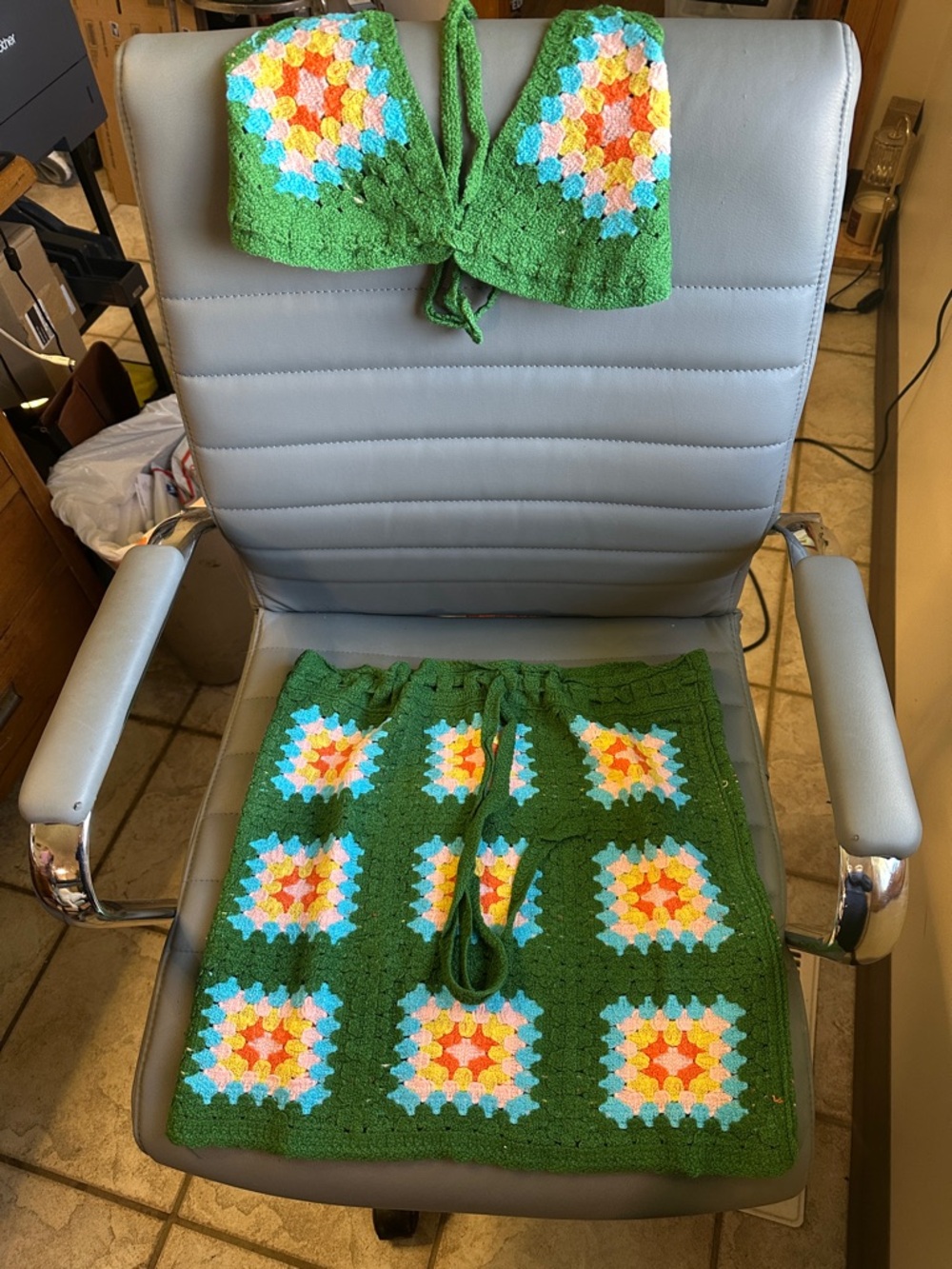 POL Green Crochet Top with Multicolor Granny Squares and skirt